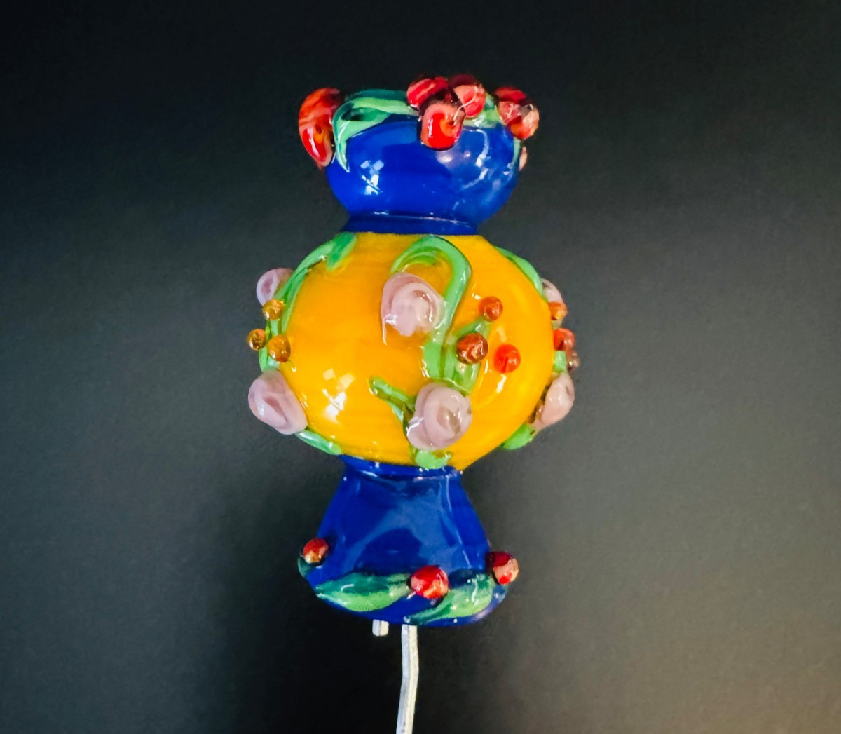 Vintage Artisan Lampwork Glass Bead Vase Pendant Floral Raised Dots 1½\