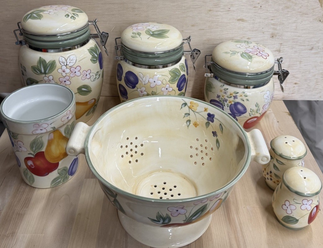 Canister Set of 3 by Gibson Home Fruit Grove, Dish Strainer, Salt And Pepper Canister Set of 3 by Gibson Home Fruit Grove, Dish Strainer, Salt And Pepper