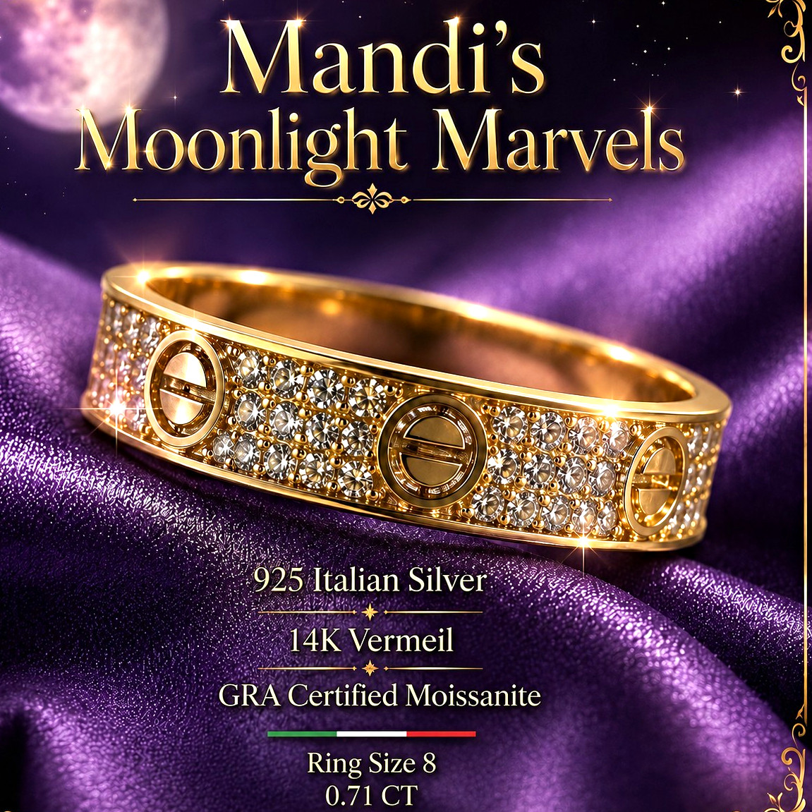 Mandi\'s Moonlight Marvels 925 Sterling Silver Gold Vermeil Moissanite Ring 8