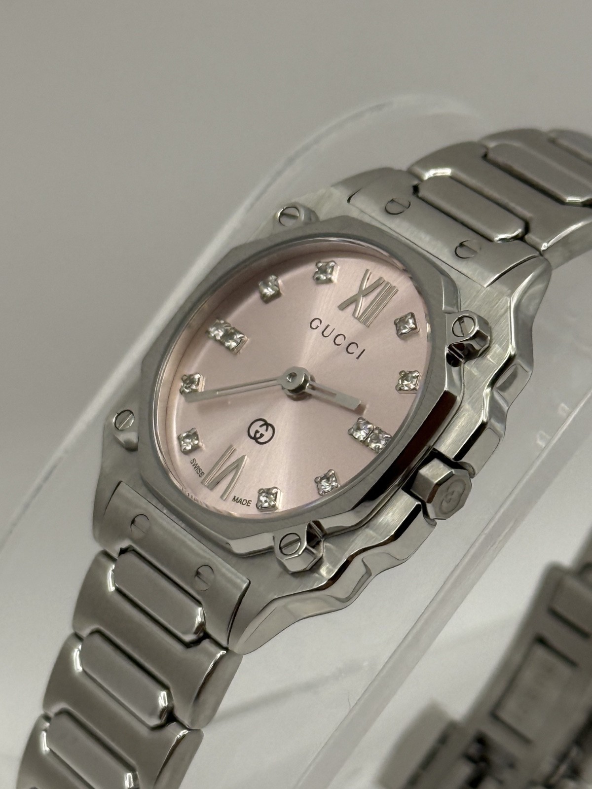 Gucci G-Flat Quartz 24mm Diamond Accent Pink Dial Women's Watch YA166501