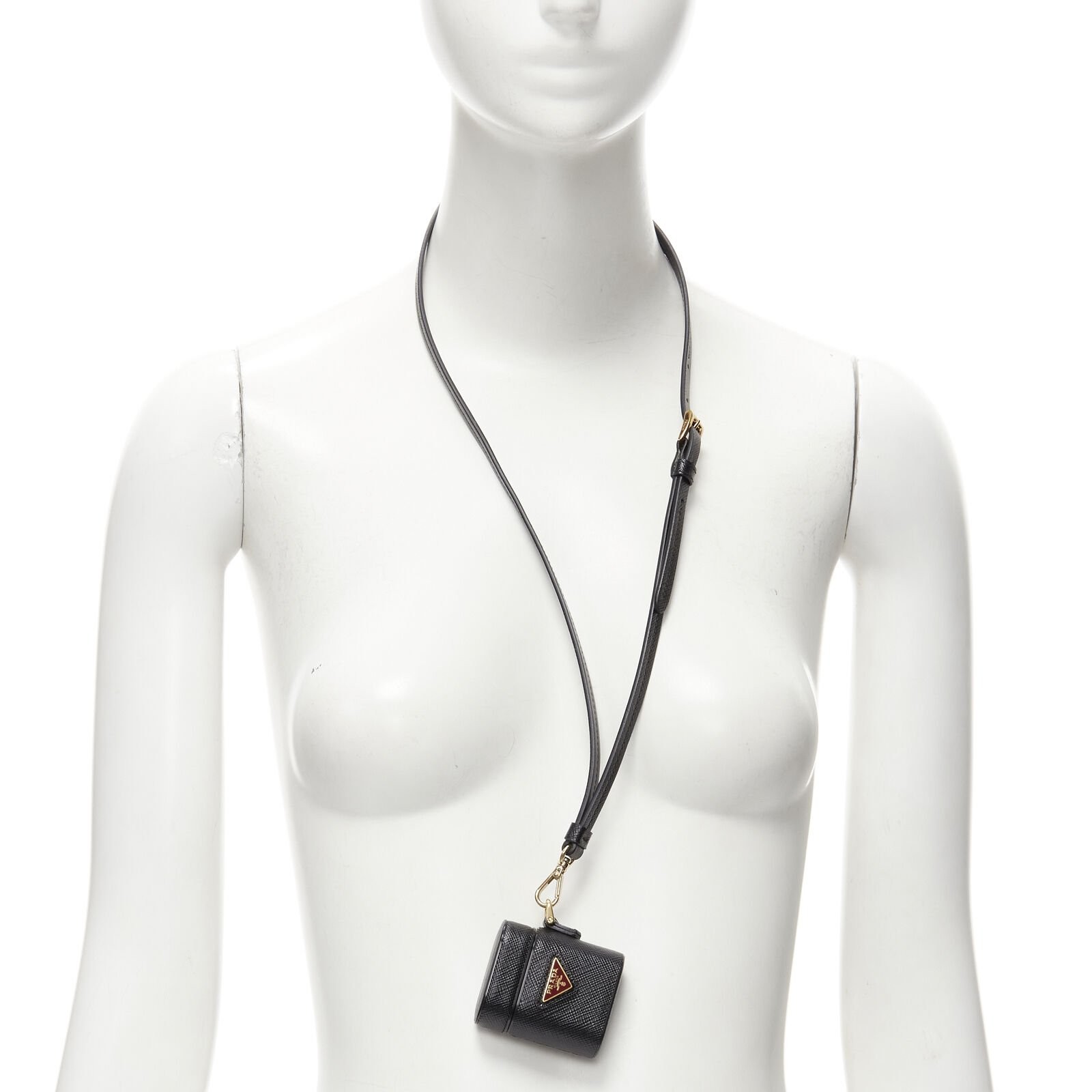 PRADA Symbole Triangle logo saffiano leather Ear Pods lanyard bag black red
