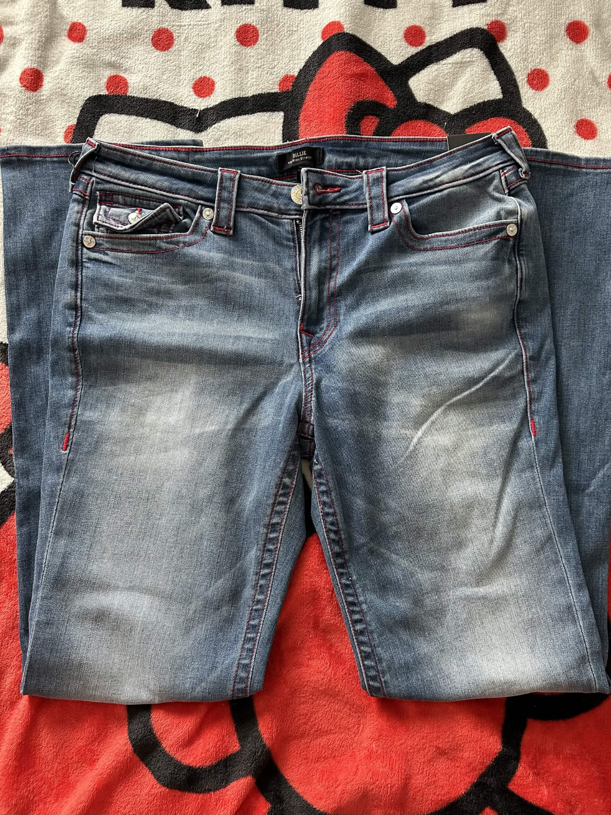 true religion billie medium wash straight mid-rise jeans with red stitch