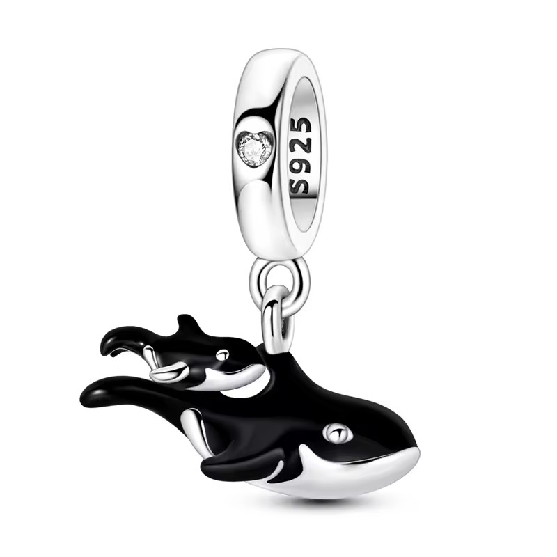 MAMA & BABY GREAT WHITE WHALES S925 STERLING SILVER CHARM BRACELET BEAD & POUCH