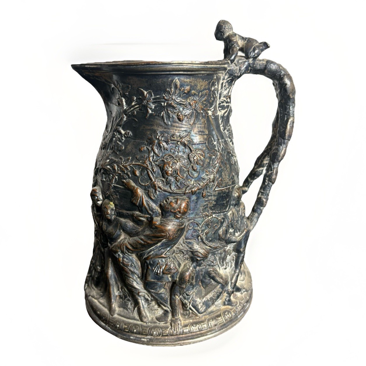 Antique 19th Century Italian Relief Ornate Silverplate Wine Jug Ewer, Ceccarini