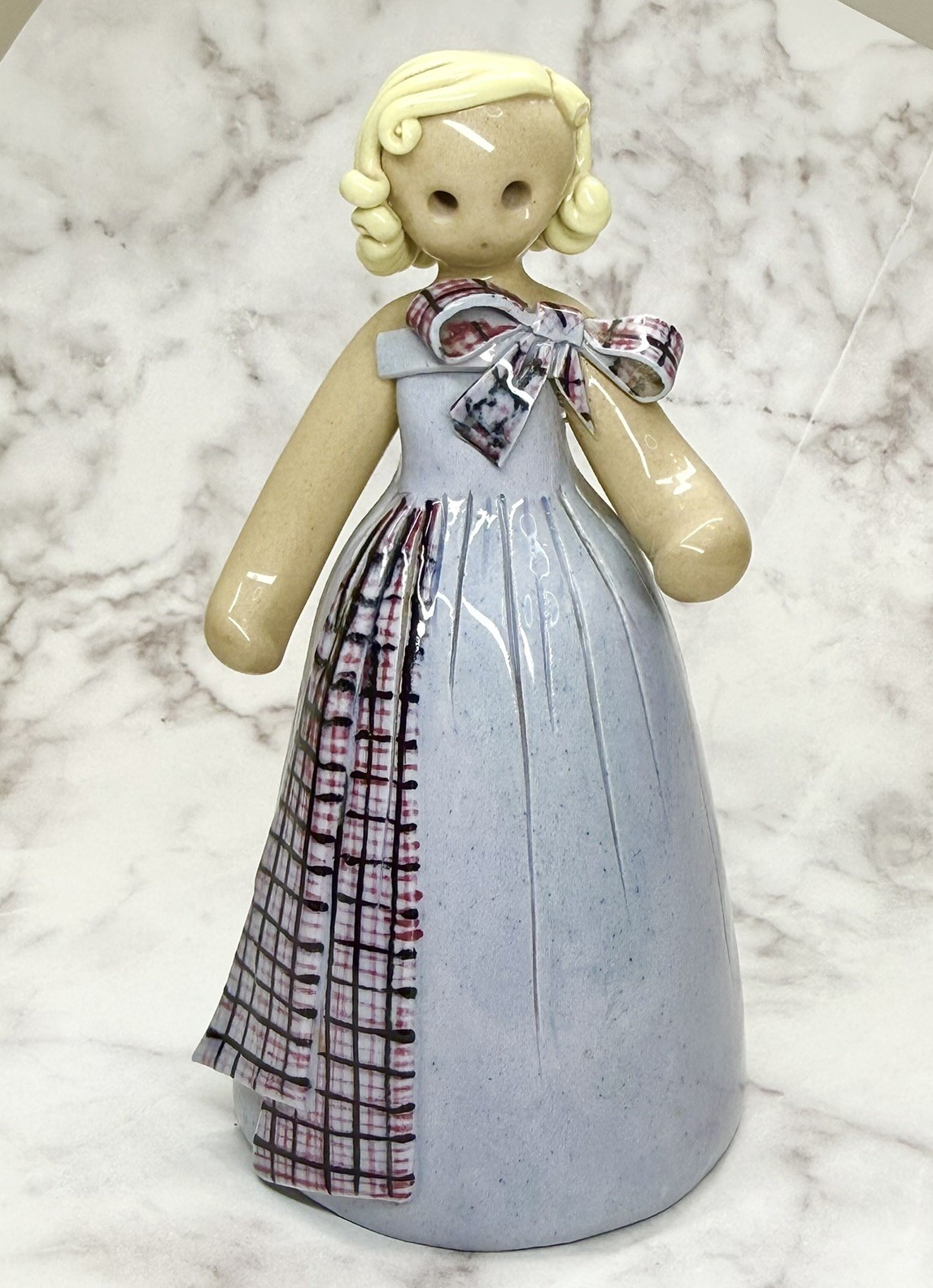 VTG 1960s “ARABIA FINLAND” Girl Figure Blue Dress w/Plaid Artist Signed 4.5 RARE