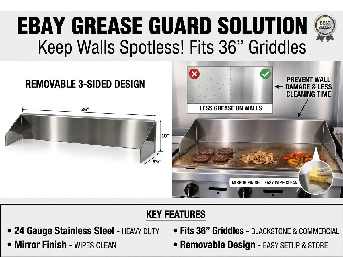 36” Stainless Steel Griddle Grease & Splash Guard – 24 Gauge Mirror Finish