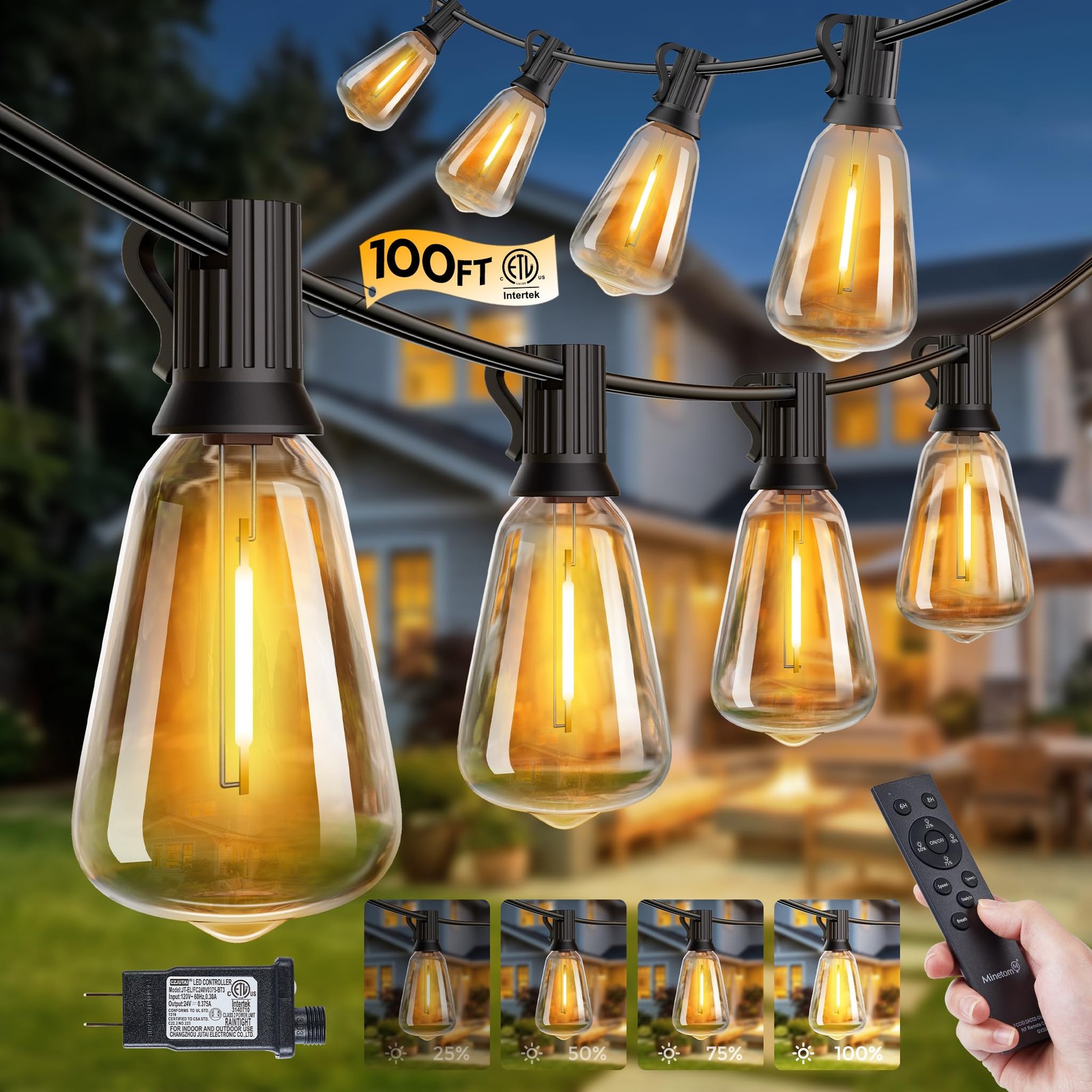 Minetom 100 ft Outdoor String Lights with Remote ST38 Patio Lights Dimmable Minetom 100 ft Outdoor String Lights with Remote ST38 Patio Lights Dimmable