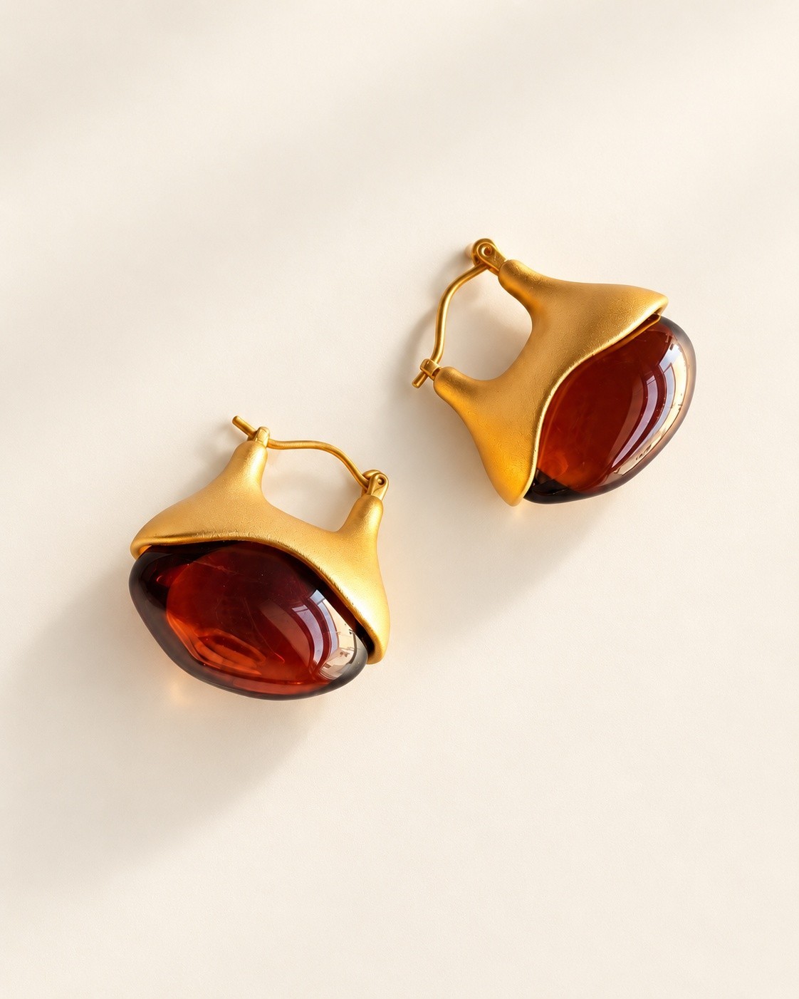 Vintage Amber Earrings 14K Gold Plated Red Brown Drop Dangle Jewelry