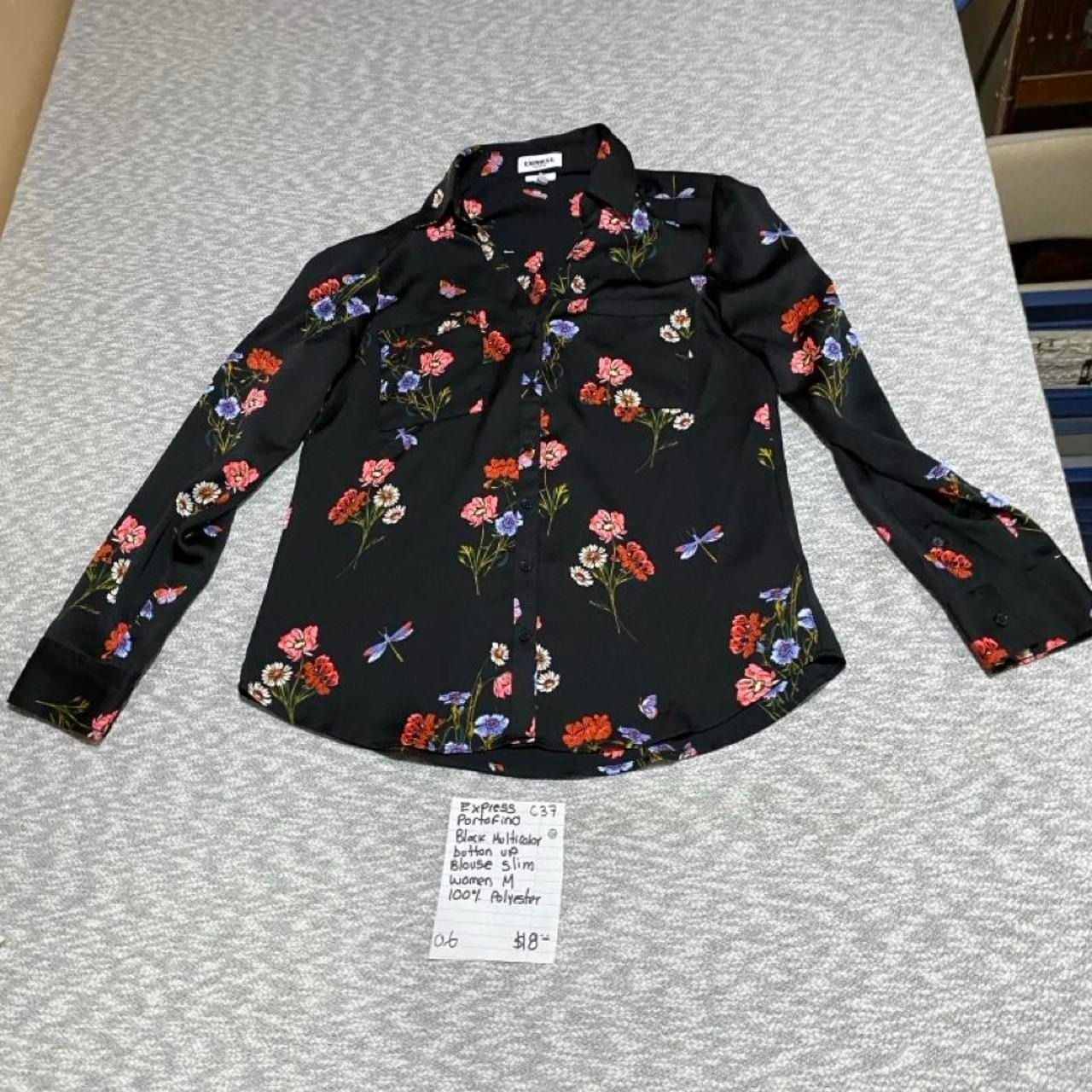 Express Portofino Black Multi-color Floral Button Up Blouse Women M. SKU-C37