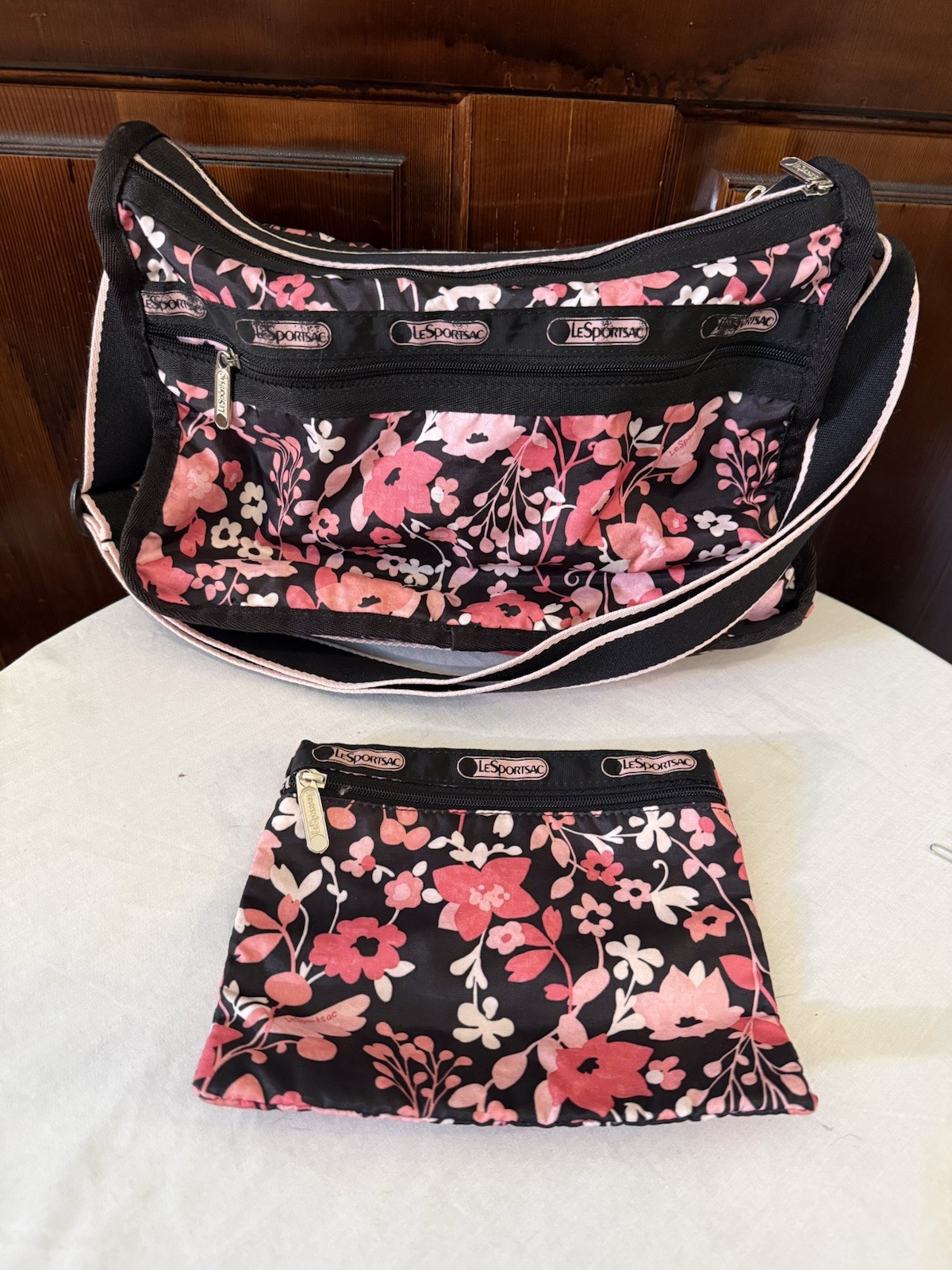 LeSportsac Deluxe Everyday Bag Black Pink Floral Nylon Crossbody Travel Purse