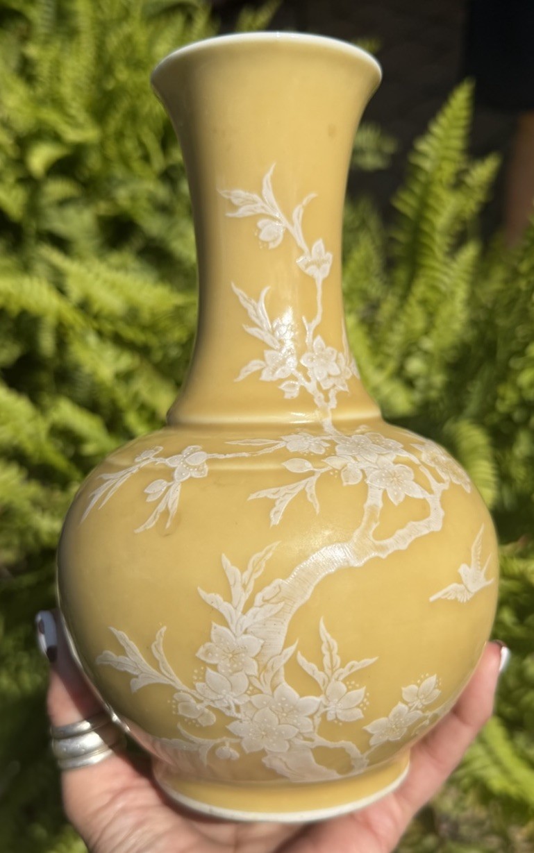 Vintage Chinese Yellow Glazed Porcelain Vase White Slip Prunus Blossom Bird PRC