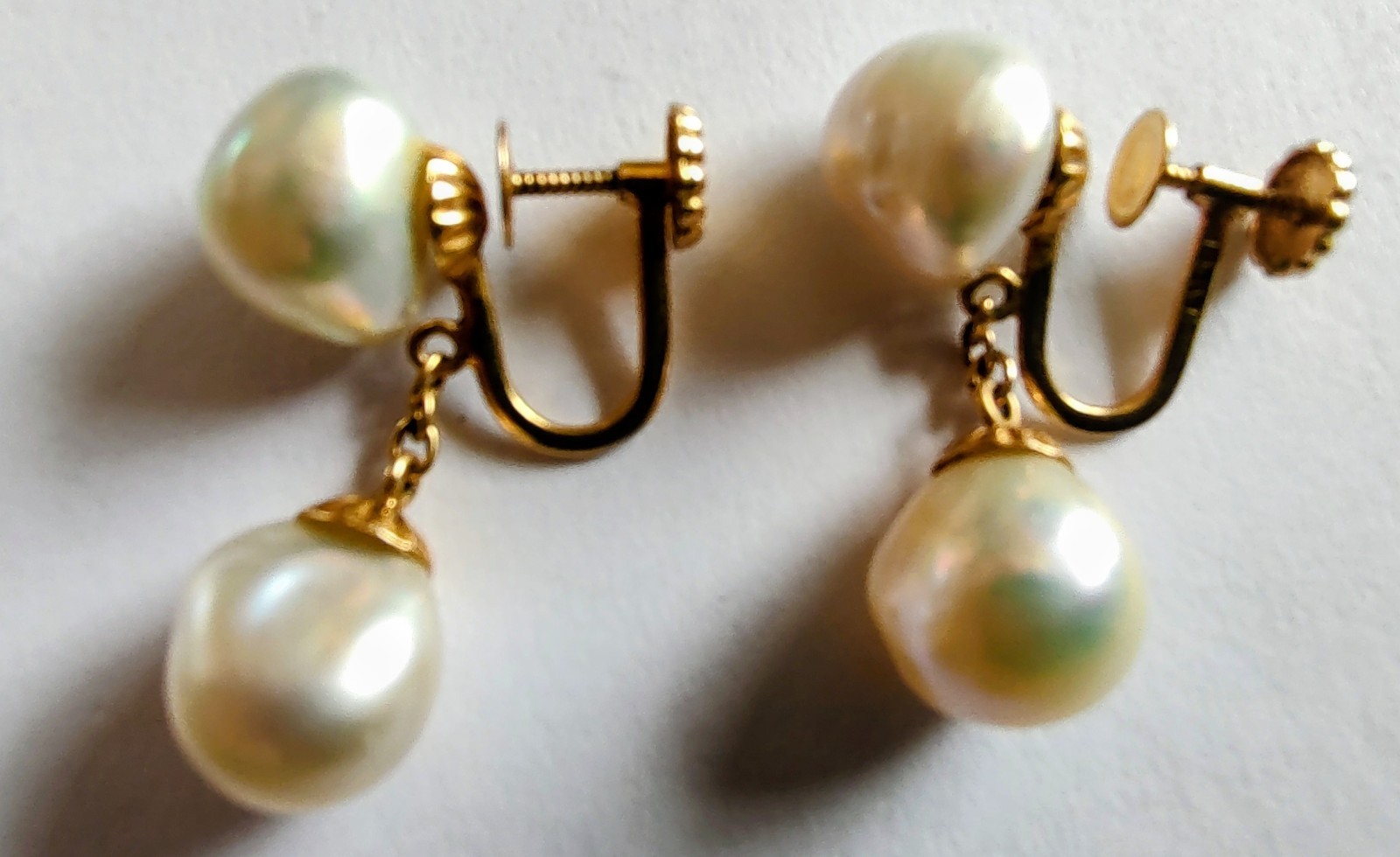 Vintage 14K Gold Baroque Pearl Double Drop Screw Back Earrings 5g
