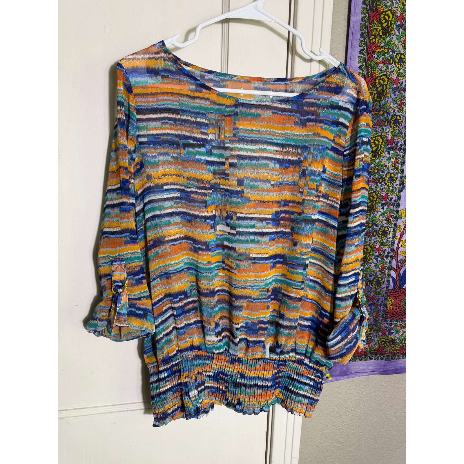 Women’s Abstract Print Blouse Smocked Hem Roll Tab Sleeve Large