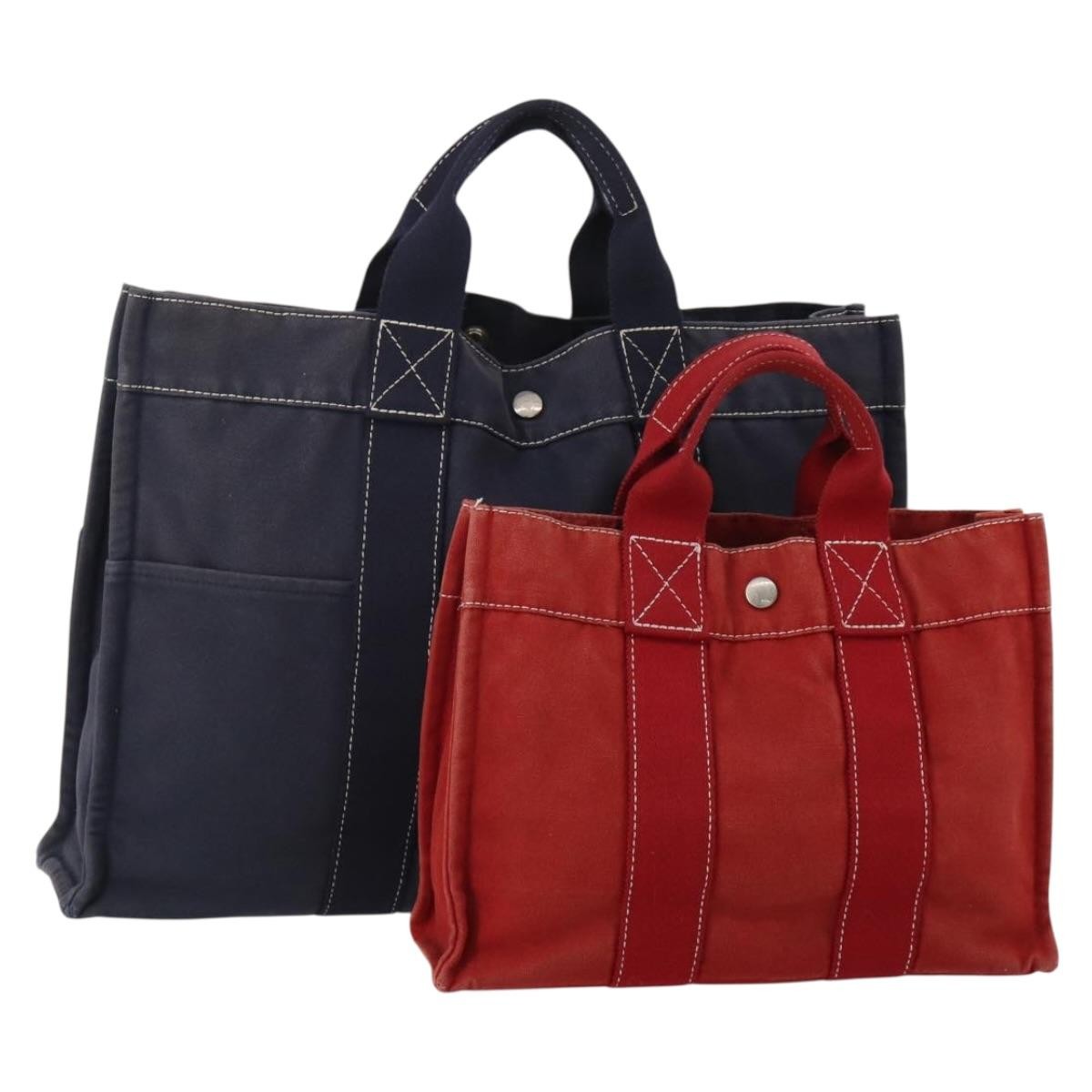 HERMES Hand Bag Canvas 2 Set Red Navy Auth 191436