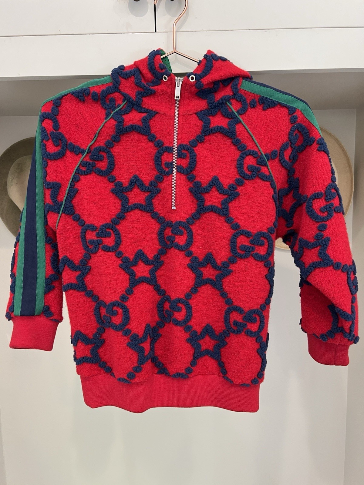 Kids Gucci knit 1/4 Zip Hoodie Red/Navy/Green. Unisex Size 8