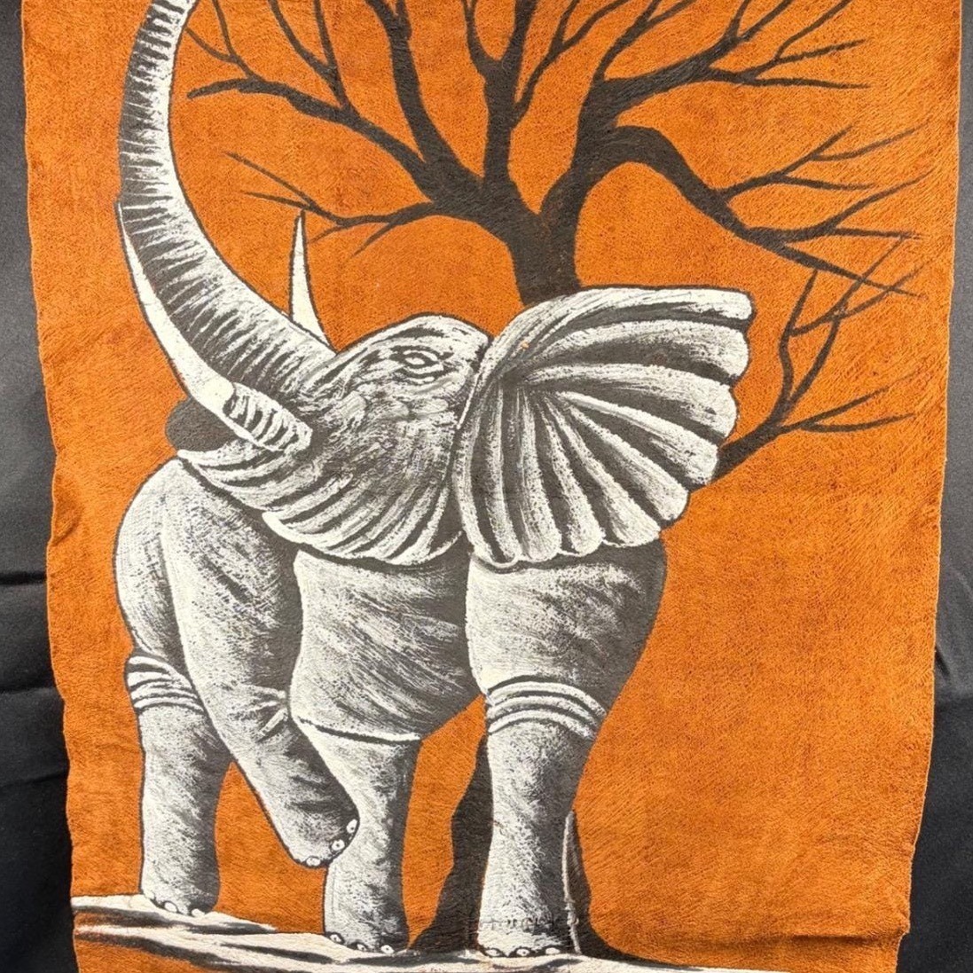 Vintage African Bark Cloth Painting Elephant Acacia Tree Signed Folk Art 20x13
