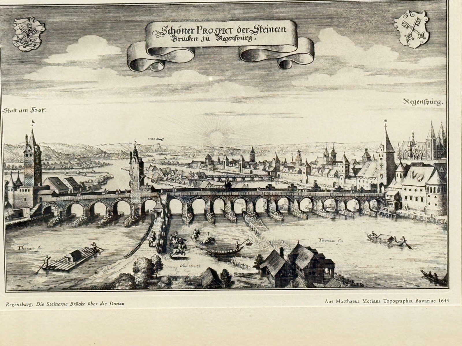 Antique Matthäus Merian Regensburg Germany Copperplate Engraving Stone Bridge