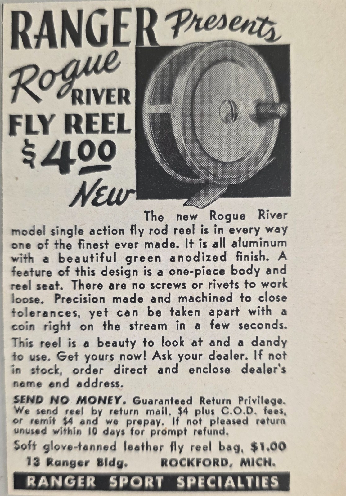 1946 Print Ad Ranger Rogue River Single Action Fly Fishing Reels Rockford,MI