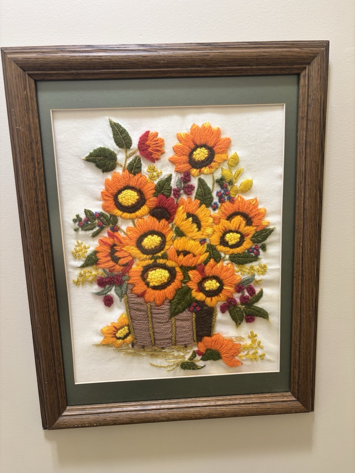 Vintage 1970’s Framed Crewel Embroidery Sunflower Floral Basket Wall Art