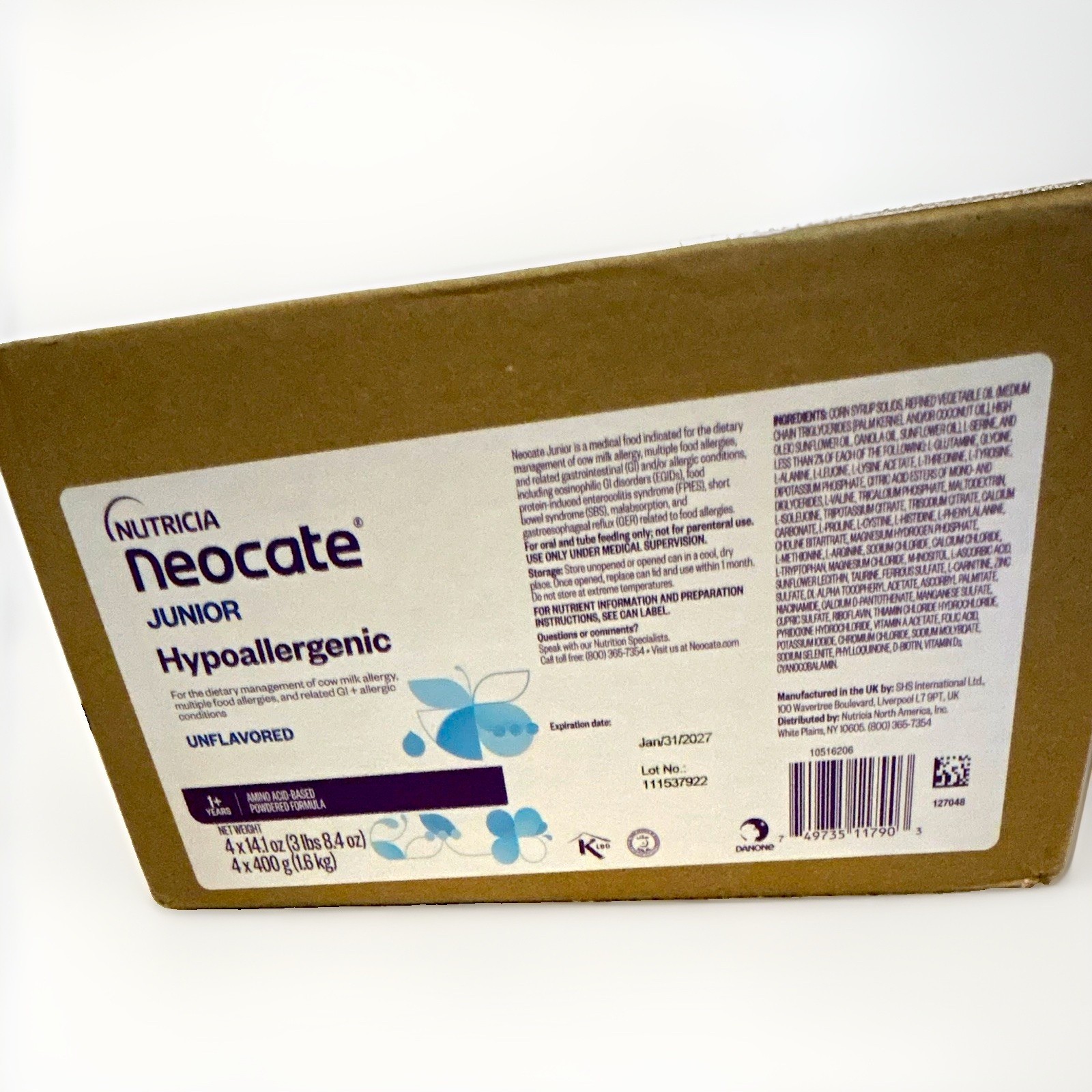 4 cans Nutricia Neocate Junior Hypoallergenic Unflavored Amino Acid Powder
