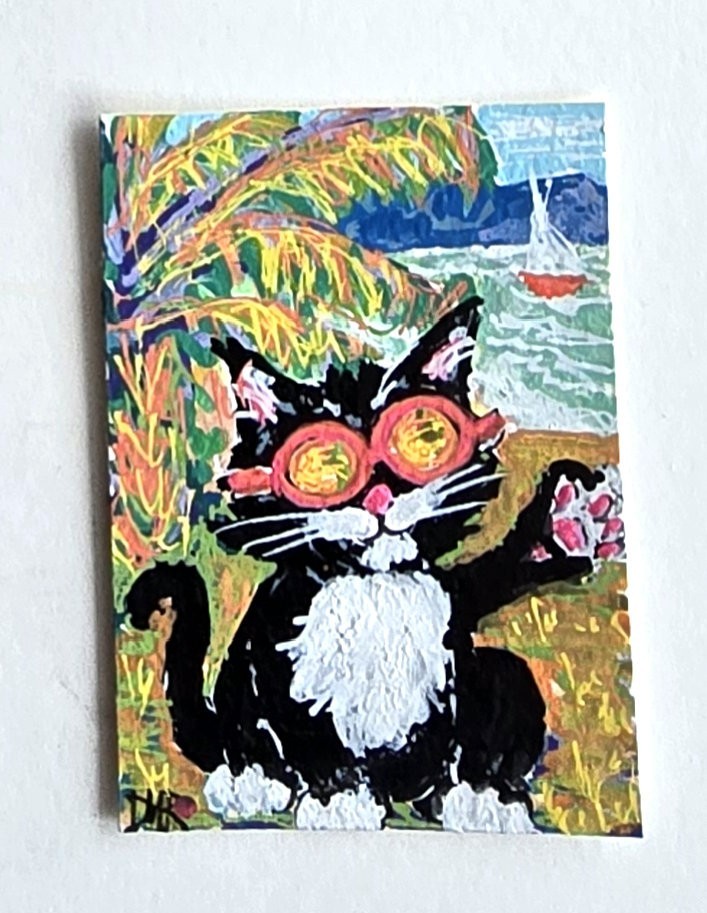 Original ACEO Black Cat Red Golden Shades Dulce Maria Rico \