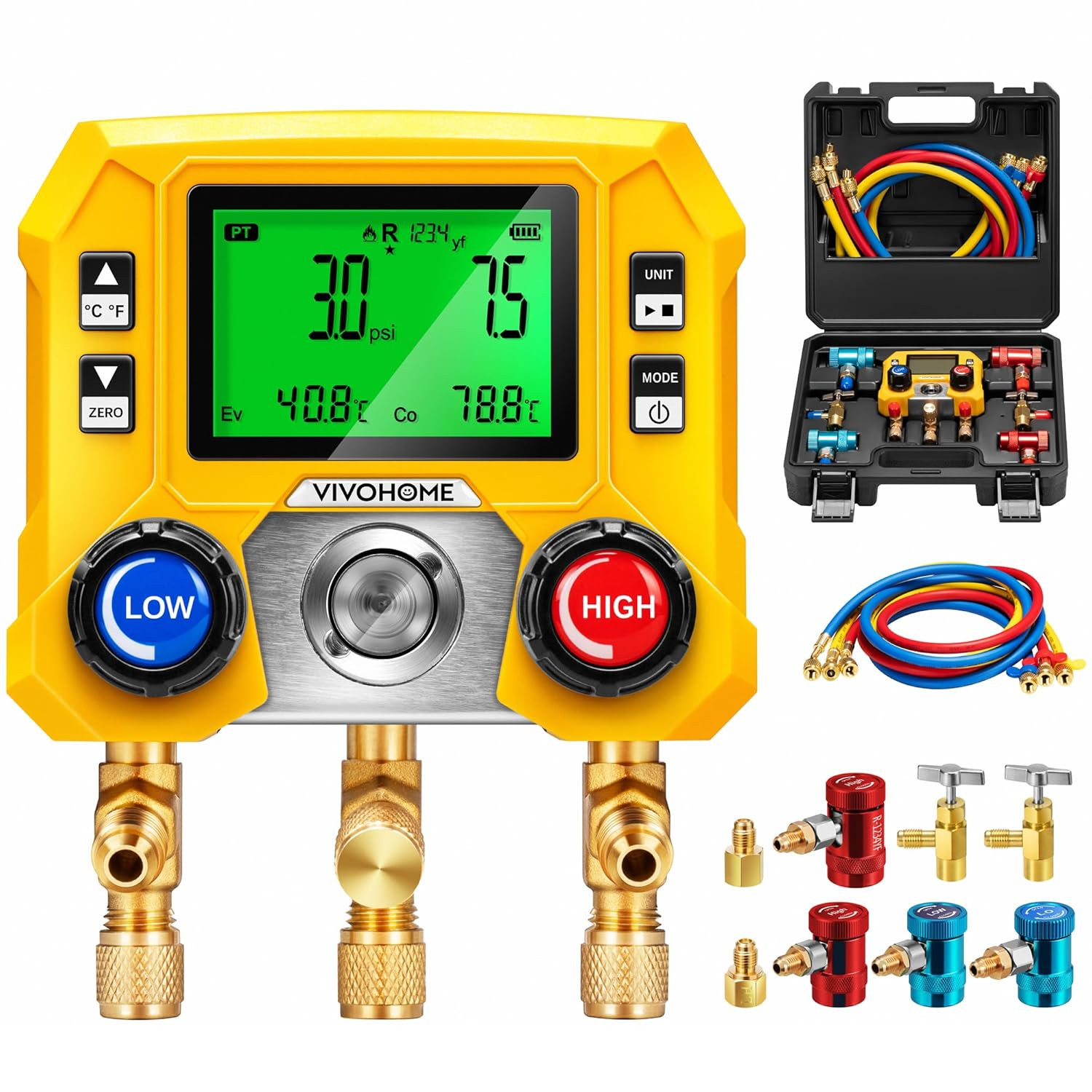 Digital HVAC Manifold Gauge Set with R134A R1234Yf Quick Couplers