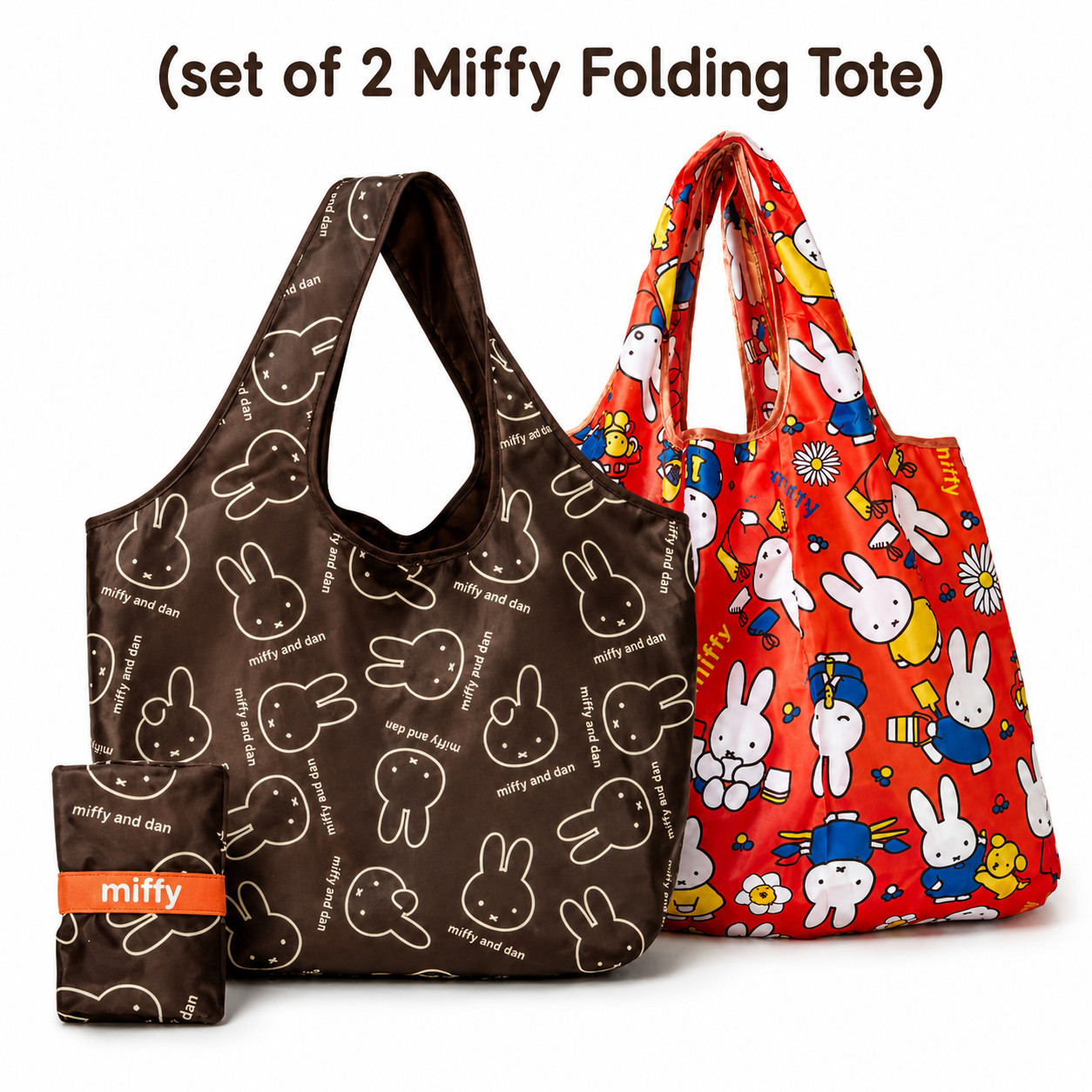 （Set of 2) New Miffy Tote Rabbit Style 2-Way LARGE Supermarket Book Foldable Bag