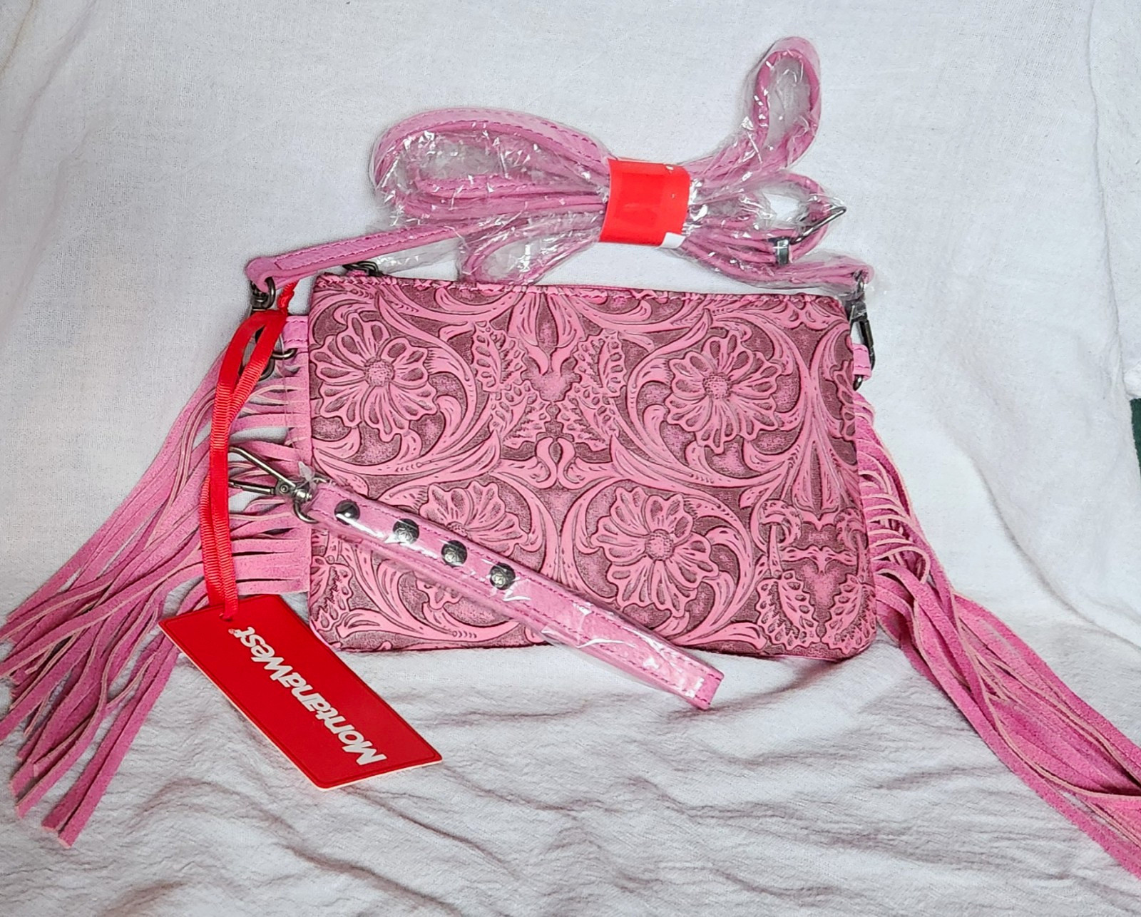 Montana West Pink Embossed Floral Fringe Zip Wristlet Crossbody Bag w/ Strap