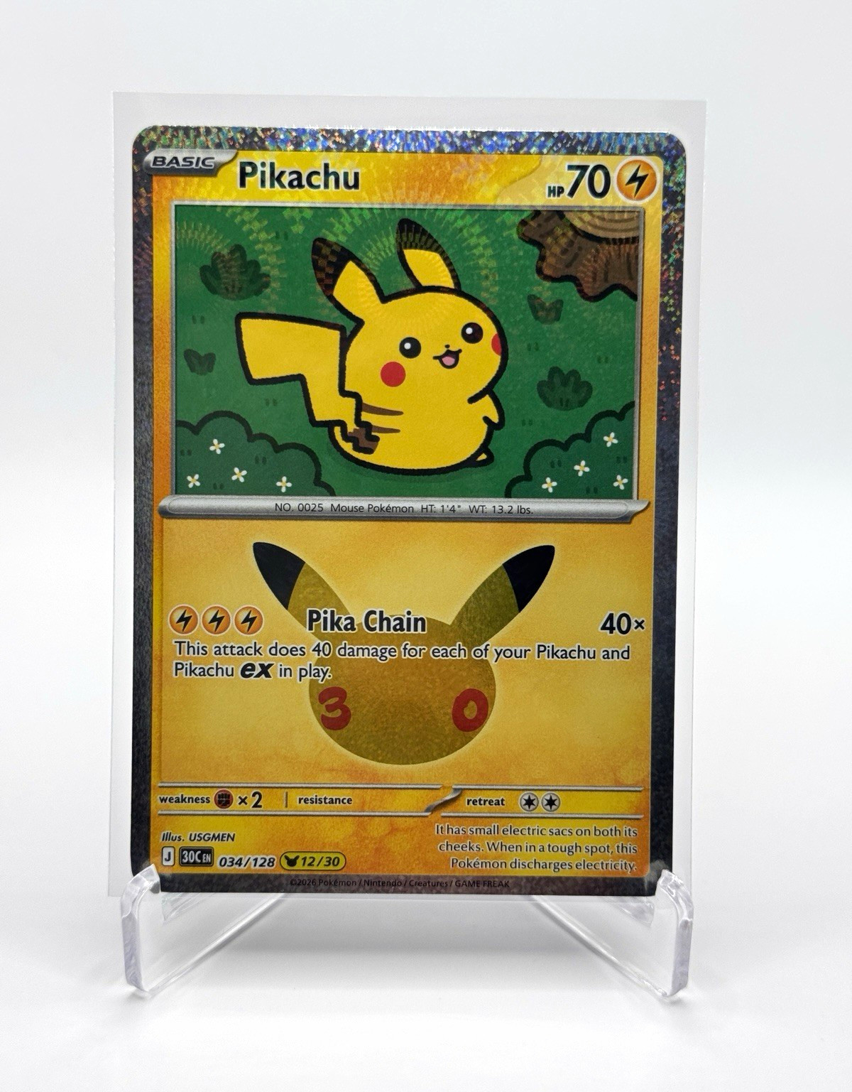 Pikachu 034/128 Holo 30th Celebration Pokemon TCG 2026 NM