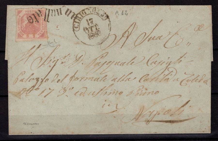 NAPLES 1858 2 GRANA I TAV. LIGHT PINK N.3 US. CERIGNOLA P.12 ON SIGNED ENVELOPE