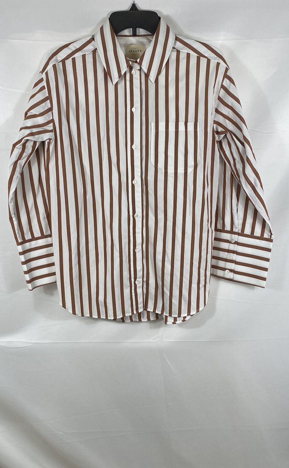 Sezane Women\'s Brown White Striped Organic Cotton Button-Up Shirt Sz 34