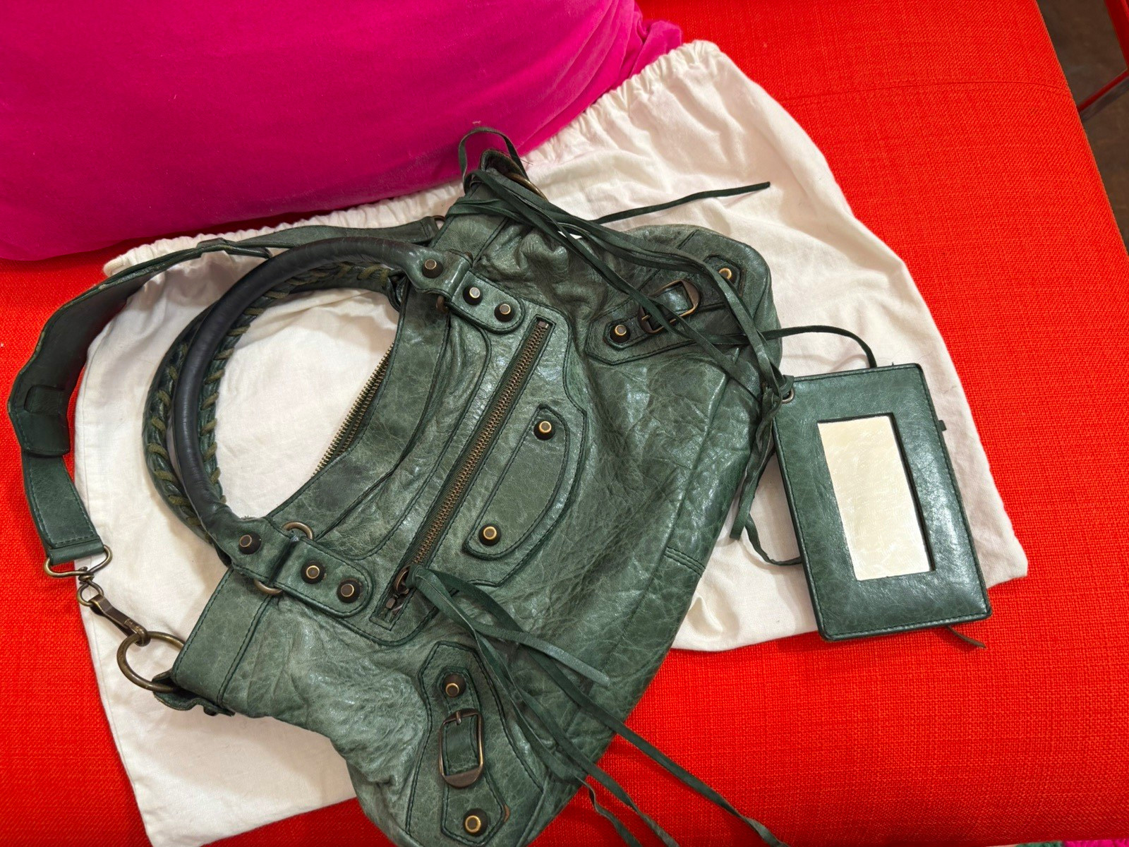 Balenciaga Original Le City Small Green Moto Satchel Handle Bag with Dust Bag