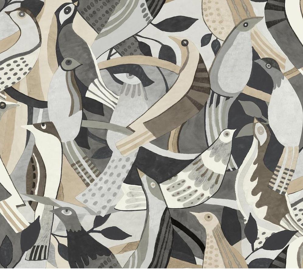 Wallpaper Abstract Fauvist Modern Flock of Birds, Tan Beige Grey,  60 sq ft Bolt