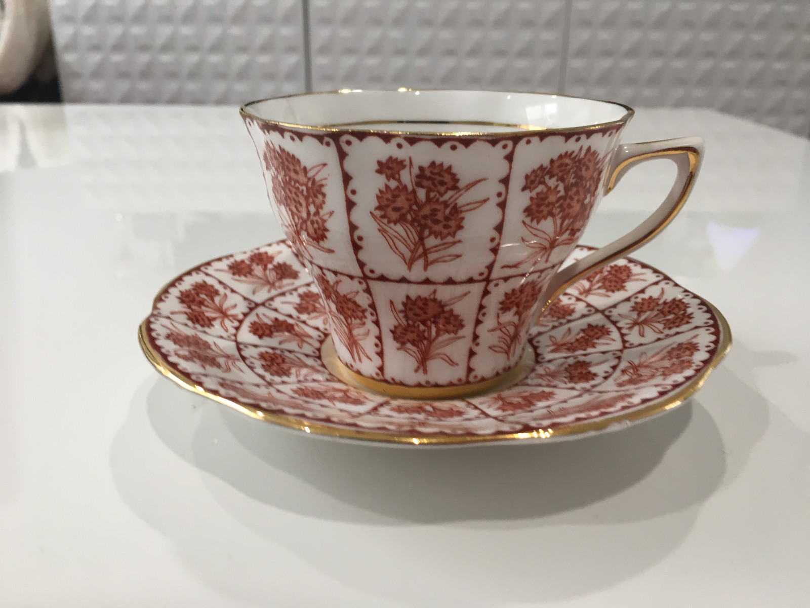 Vintage Rosina Bone China English Cup & Saucer w/ Red Flowers Decoration