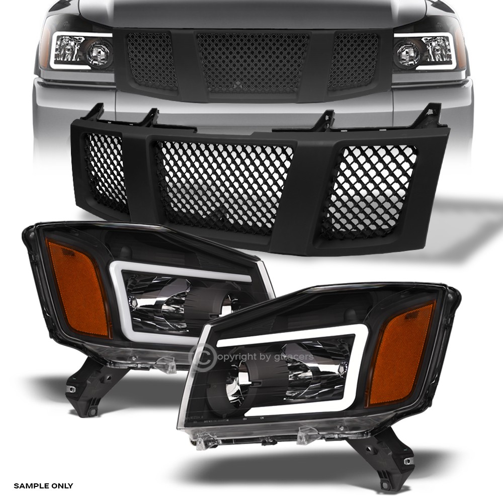 For 2004-2007 Titan/Armada Black LED Tube Bar Headlights Amber+Matte Mesh Grille