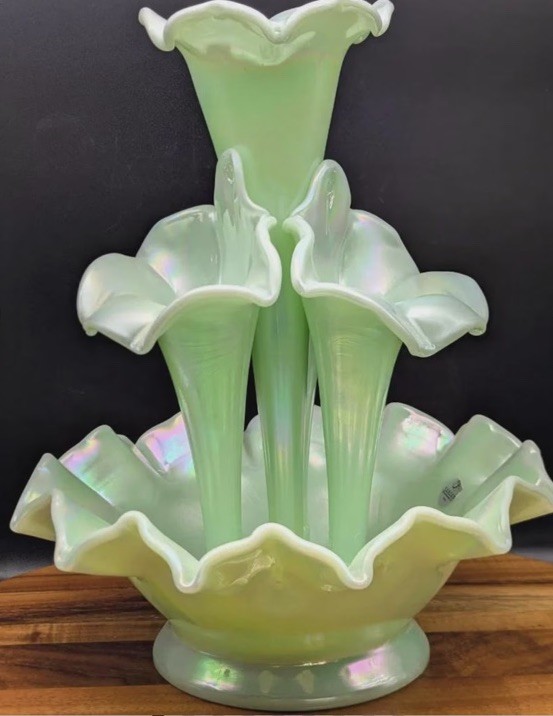 Vintage Fenton Sea Green Satin Iridescent Glass Epergne 5-Piece 