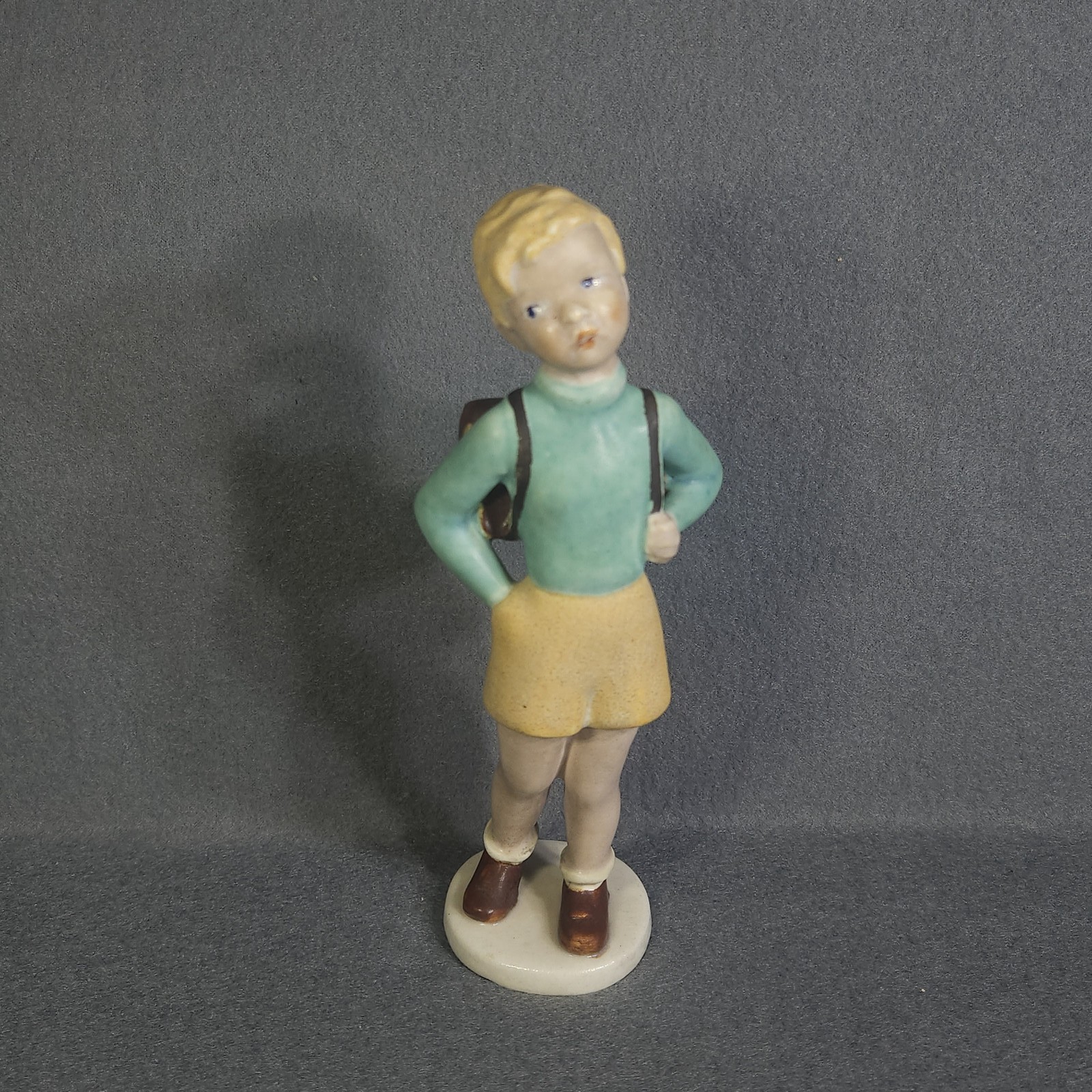 Vintage Keramos Austrian Porcelain Schoolboy Figurine Backpack Mid-Century