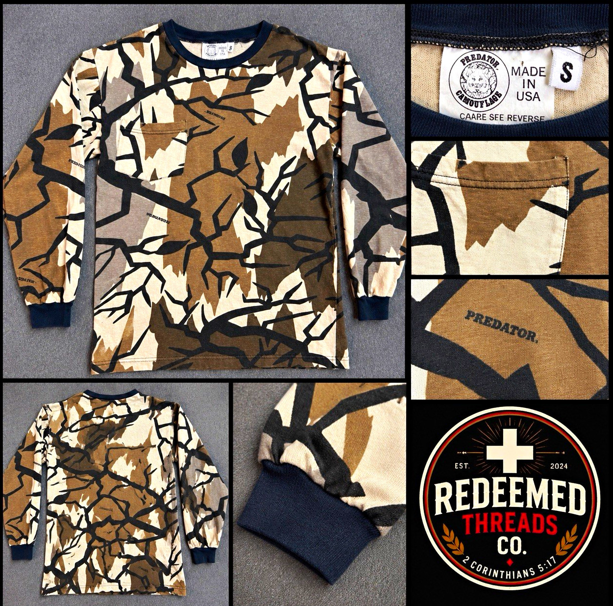 Vintage 90s Predator Camo Shirt Mens S Made USA Long Sleeve Hunting Pocket Tee