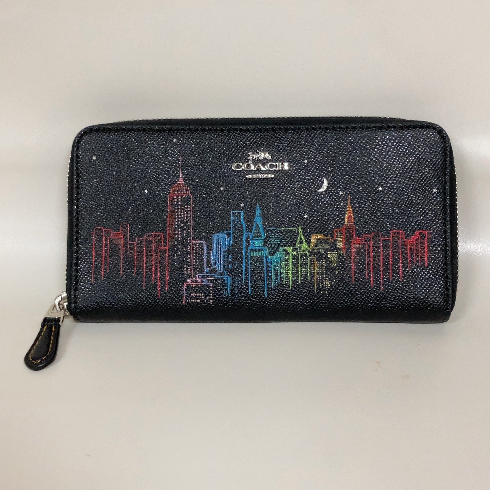 Coach Black Zip Wallet NYC Neon Skyline F39204 New York City COA