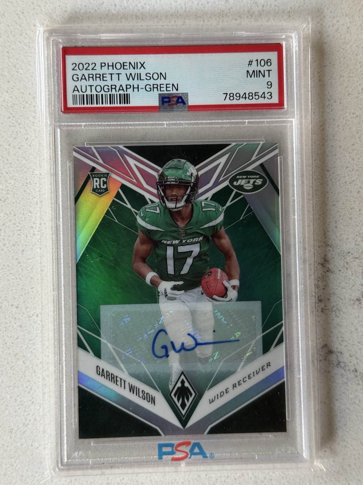 Garrett Wilson 2022 Panini Phoenix Rookie Green Color Match Auto 10/10 PSA 9