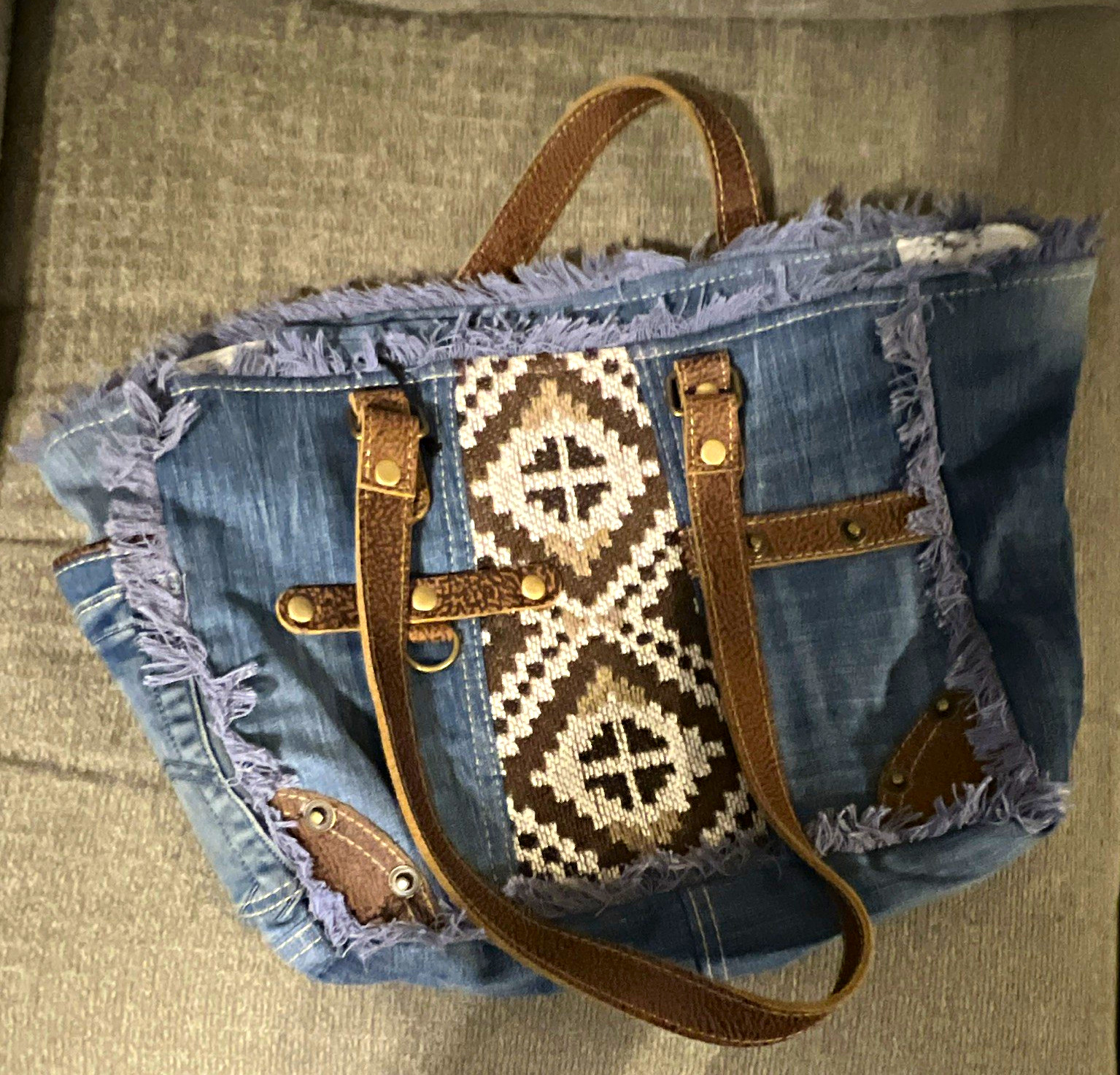 Myra Blue Brown White Geometric Panel Fringe Tote Leather Handles Zip Pockets