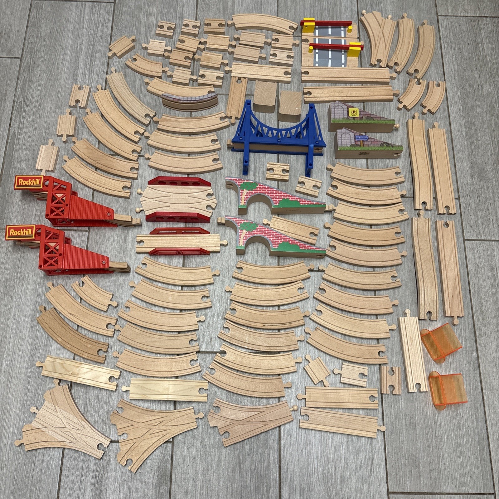 Huge Wooden Train Track Lot 65+ Pcs Bridges Switches Thomas Brio Compatible