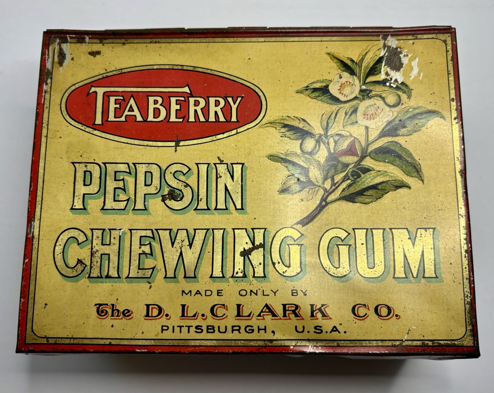 Antique Clarks Teaberry Pepsin Gum Litho Store Counter Display Box Tin 1906