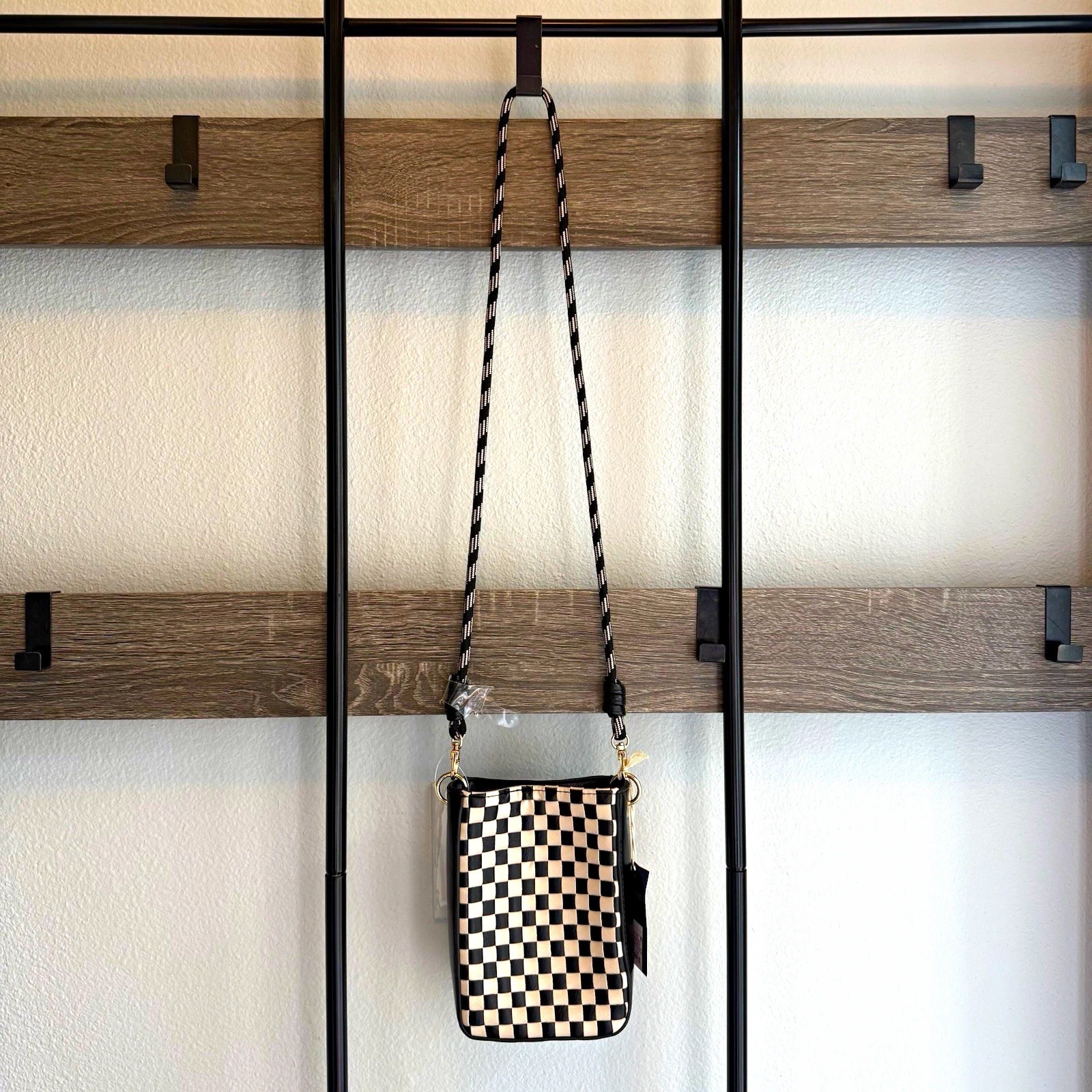 Universal Thread Checkered Crossbody Bag Black/White Gold Hardware Zip Lined