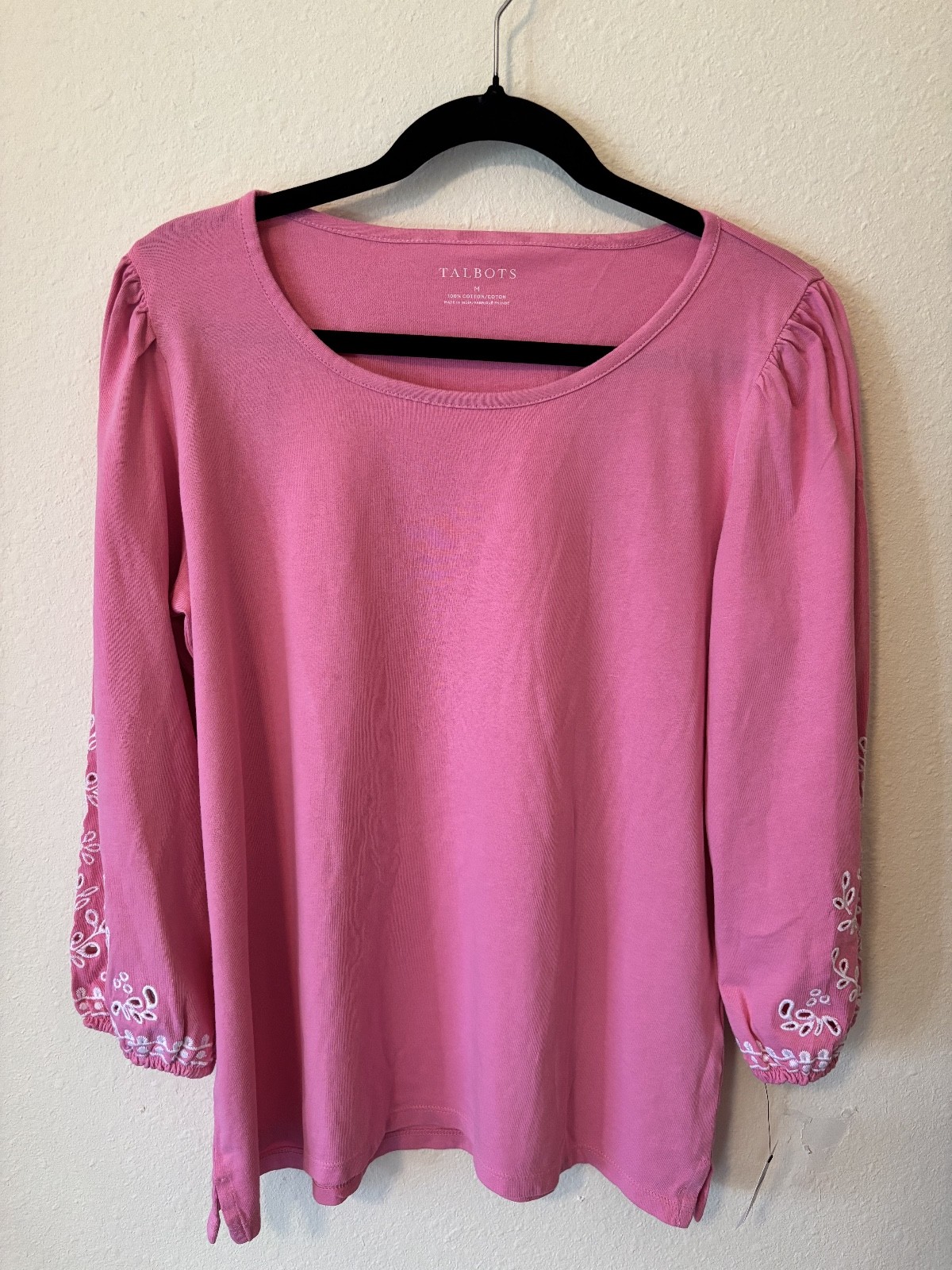 TALBOTS PINK 100% Cotton Knit Top, 3/4 Sleeve  Eyelet Embroidery, Medium