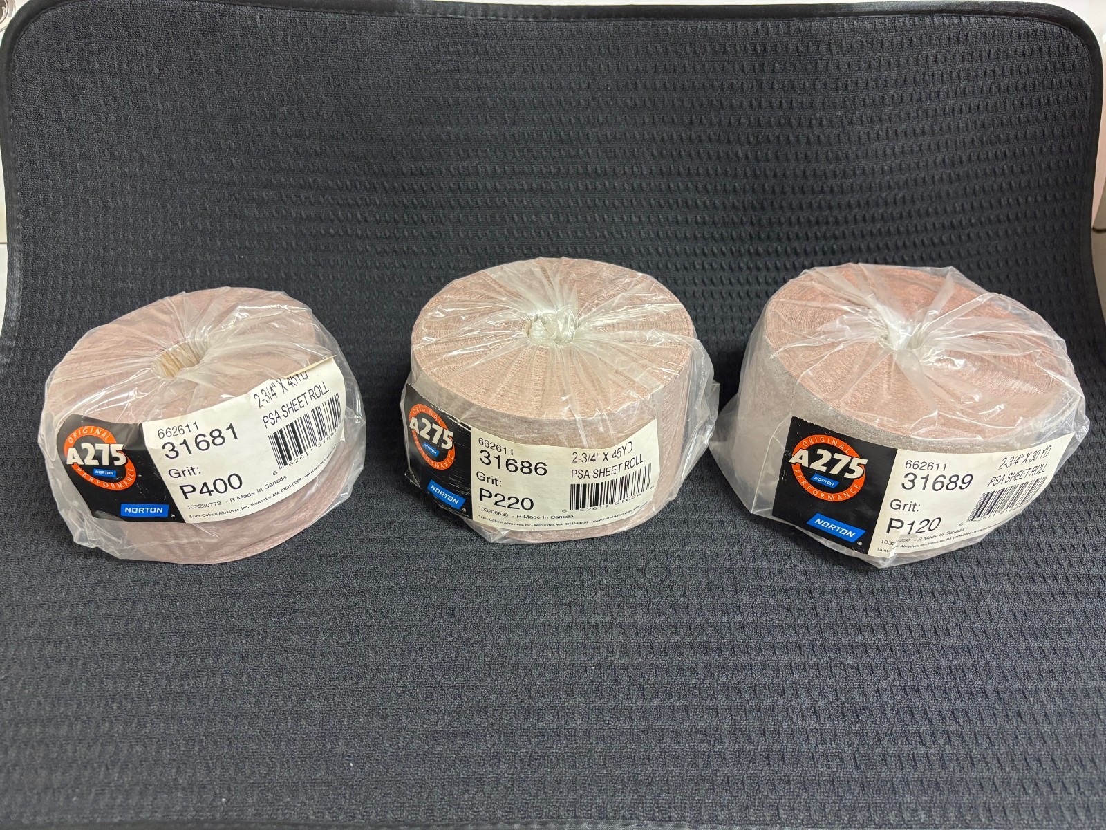 3 - Norton A275 31681, 31686, 31689 Sanding Sheet Rolls P400, P220, P120 3 - Norton A275 31681, 31686, 31689 Sanding Sheet Rolls P400, P220, P120