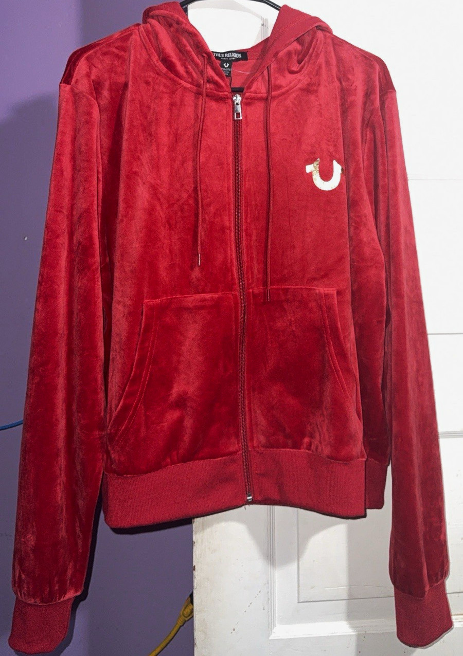 True Religion Men’s Red Velour Full Zip Hooded Hoodie Logo Pockets 2XL