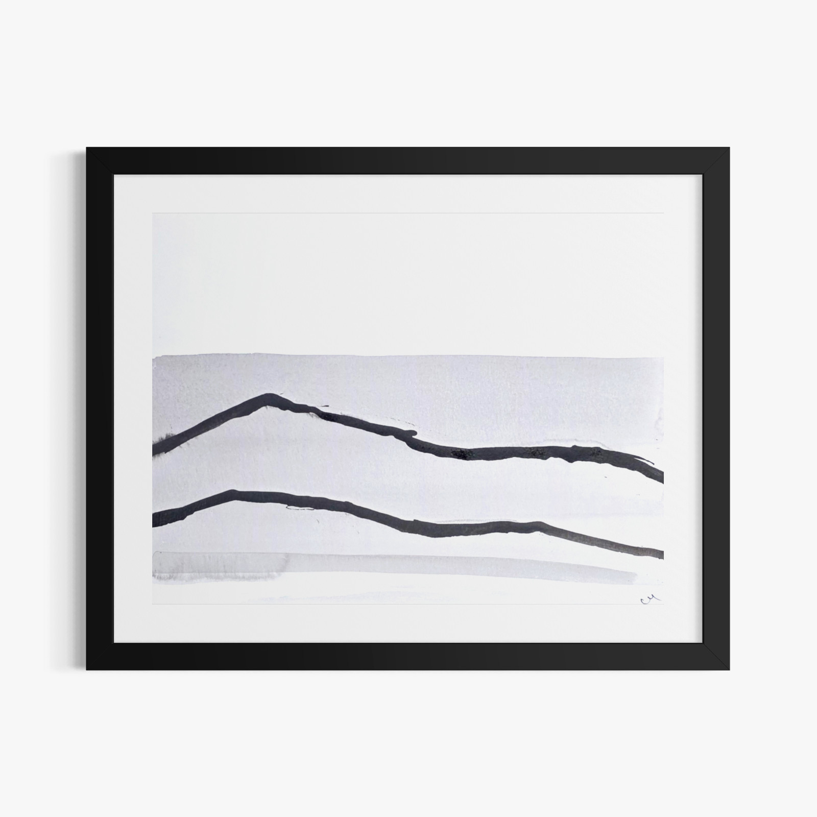 Original 9x12 Abstract Mountains Painting Black White Minimalist Signed Wall Art