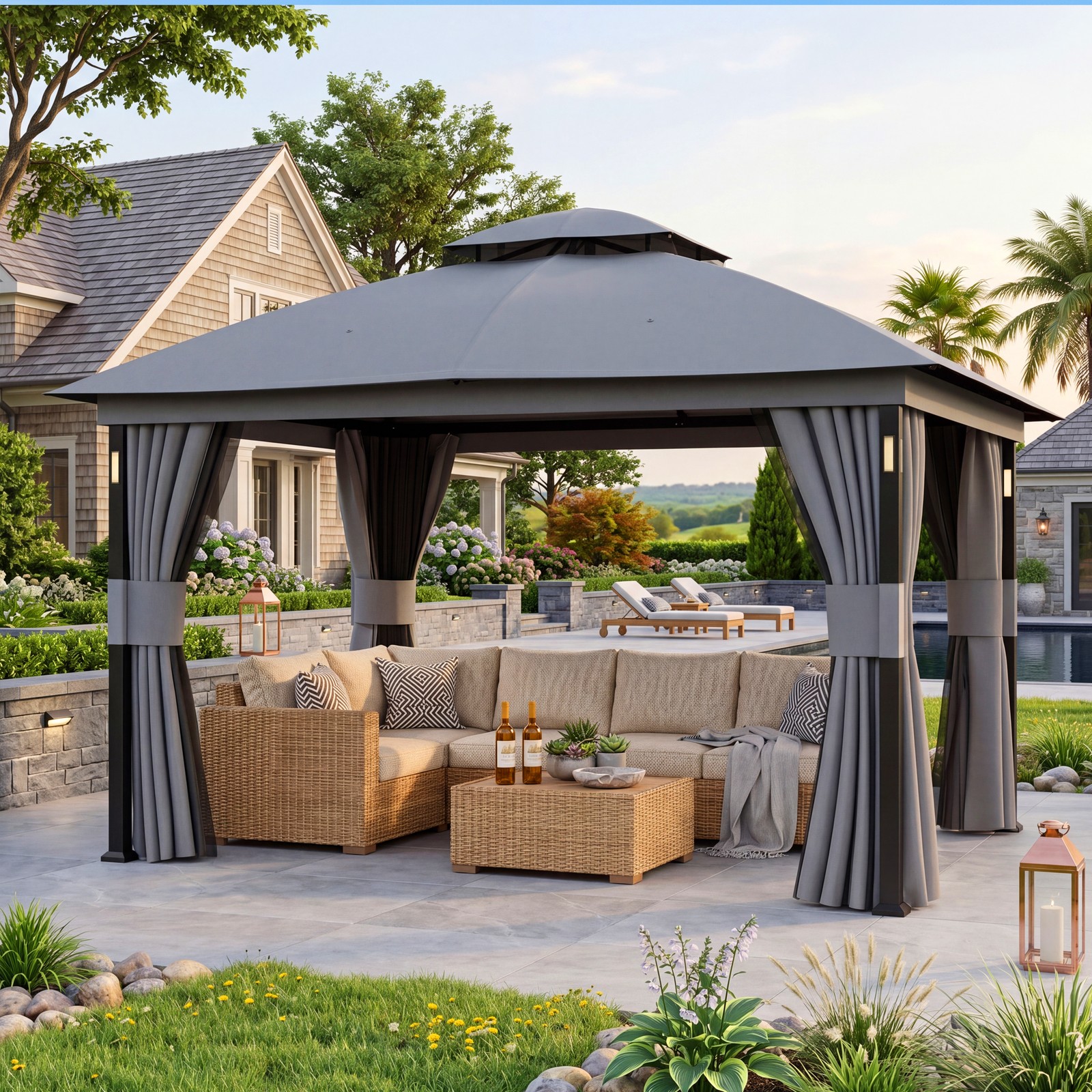 Outdoor Patio Gazebo 11\'x13\' Netting and Curtain w/LED Light & Bluetooth Speaker