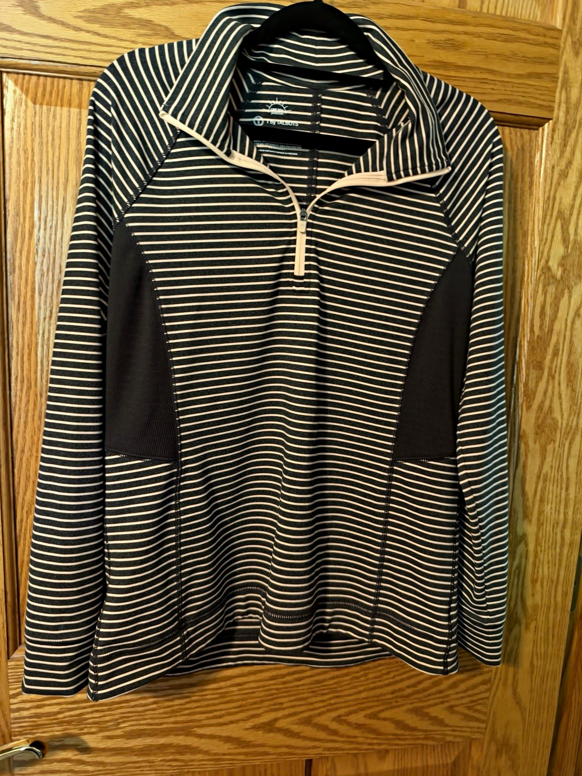T by Talbots UPF 50+ Striped 1/4 Zip Mock Neck Pullover Pockets S